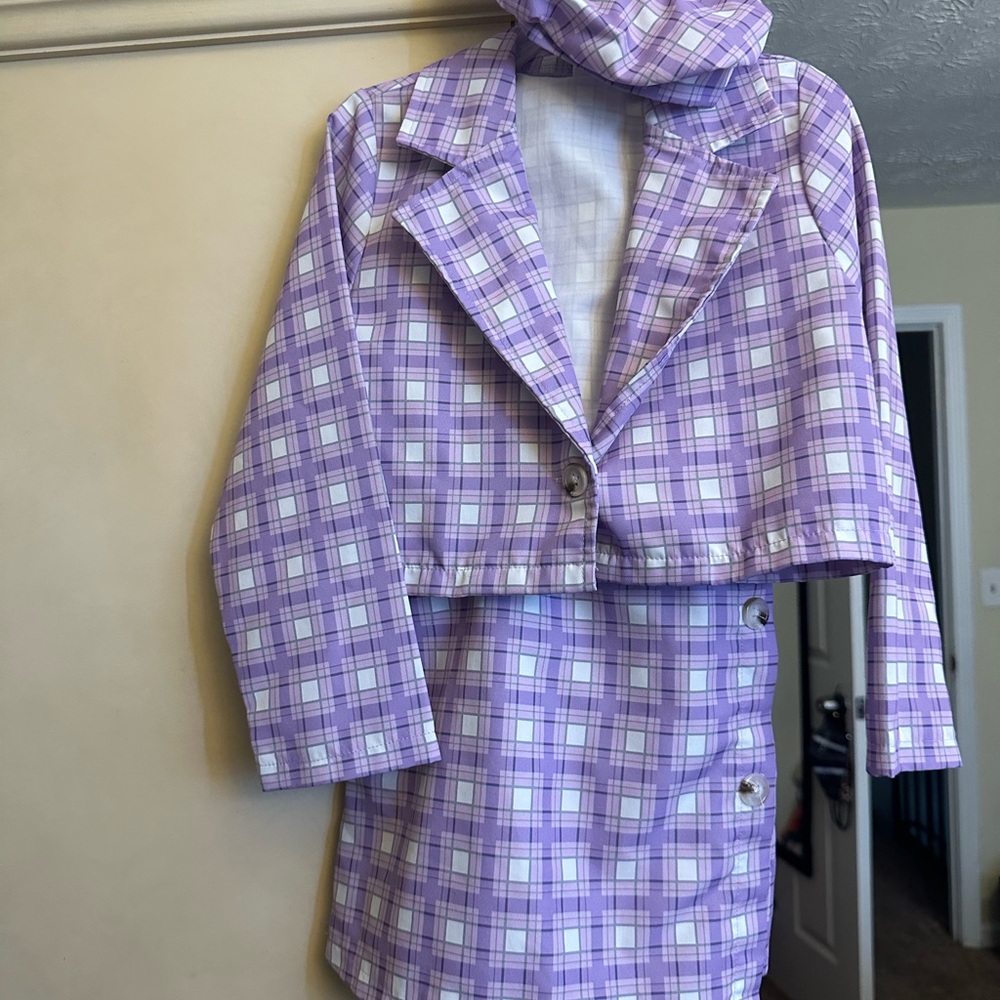 Plaid Purple Kids Jacket & Skirt Set With Hat